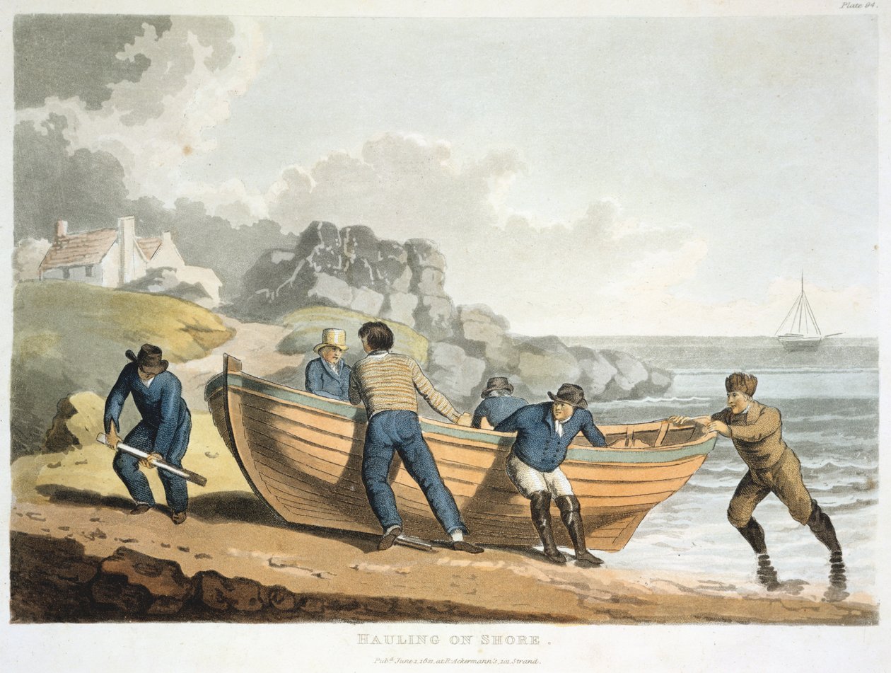 Sømænd, der trækker en klinkbygget jolle op på kysten, 1821 af Unbekannt