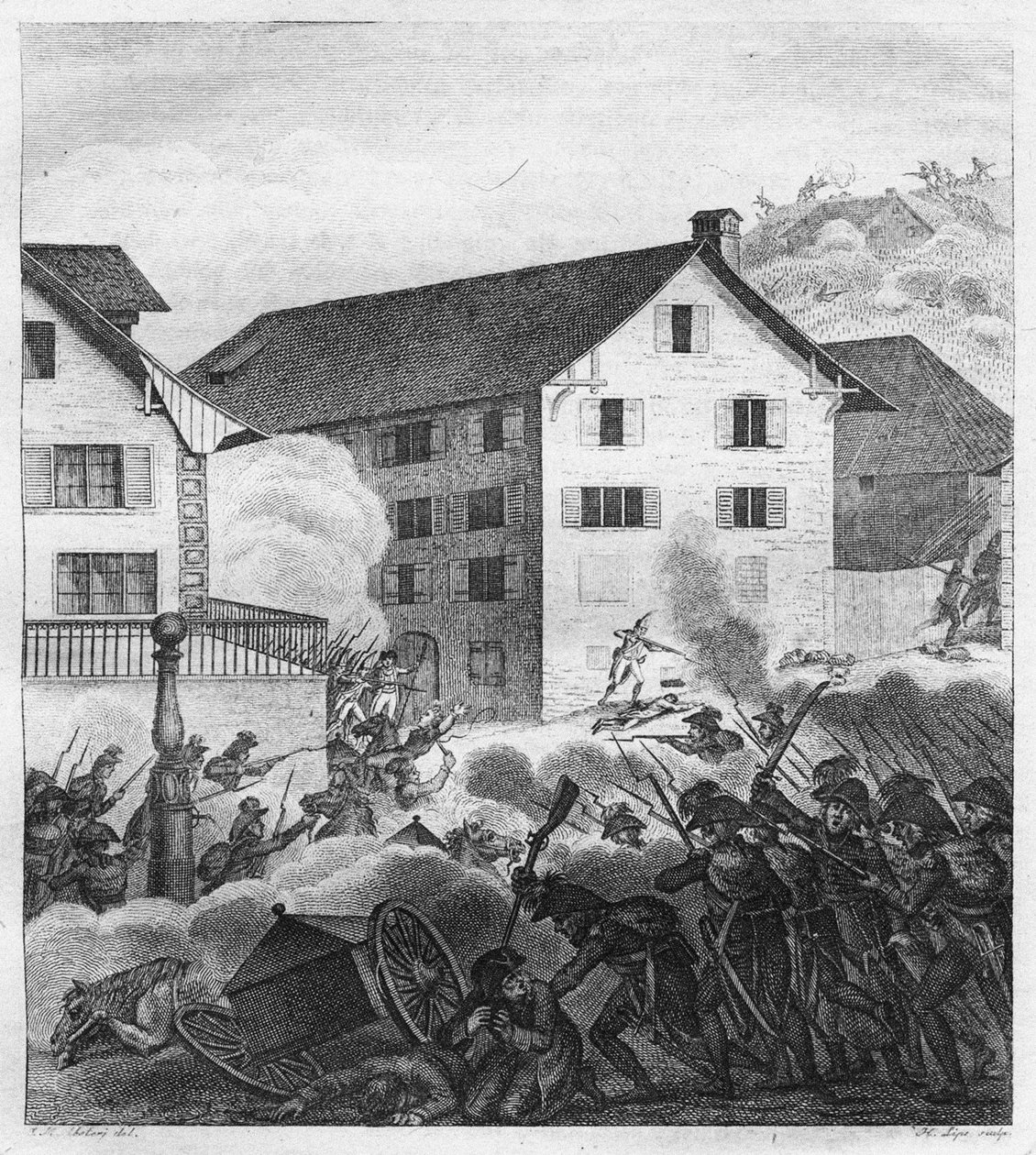 Andet slag ved Zürich, kampscene ved Centralen, 1799 af Unbekannt