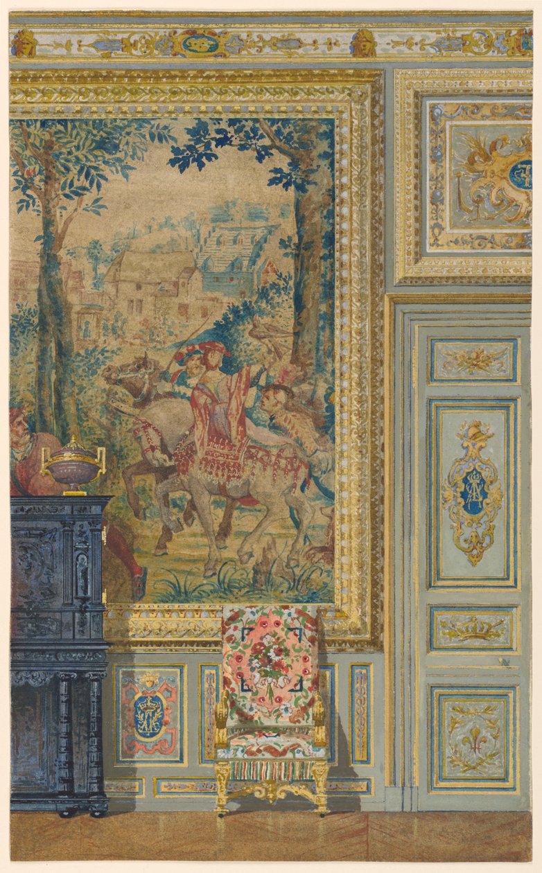 Afsnit af en væg, der viser en del af det flamske gobelin, billedtæpperum, Palace of Fontainebleau, Frankrig af Unbekannt