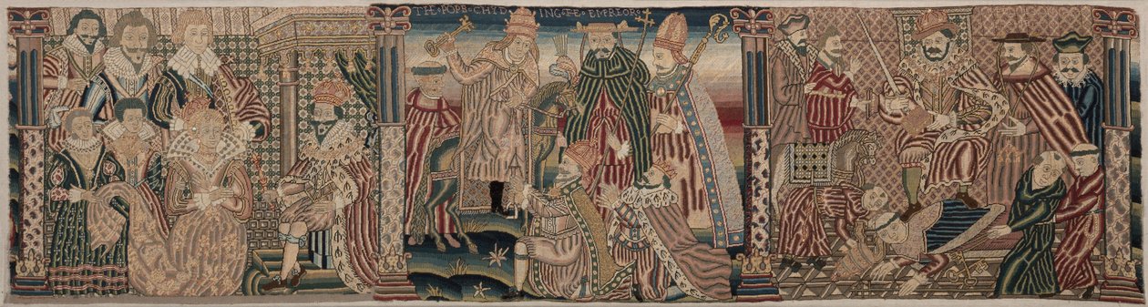 Udsnit af en broderet frise: Ahasverus og Esther, The Pope Chiding the Emperor, 1625-1649. af Unbekannt
