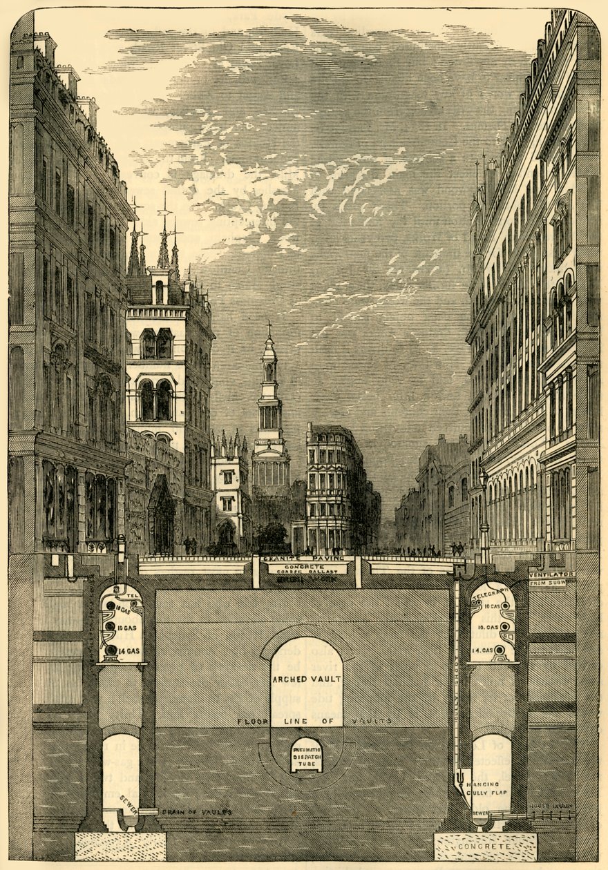 Sektion af Holborn-viadukten, viser undergrundsbanerne, c1876. af Unbekannt