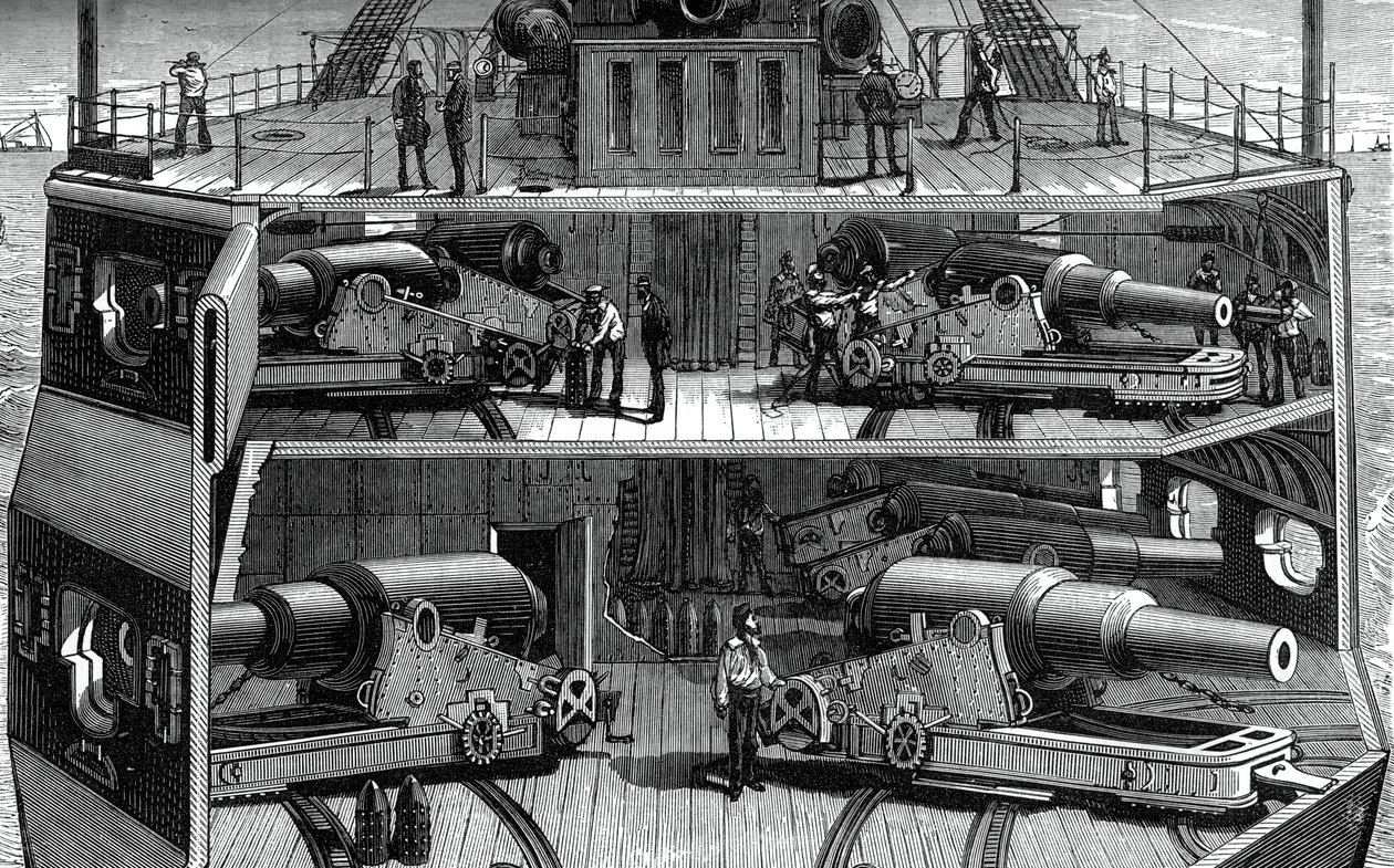 Snitbillede af batterier i den jernbeklædte fregat Alexandra, c1880 af Unbekannt