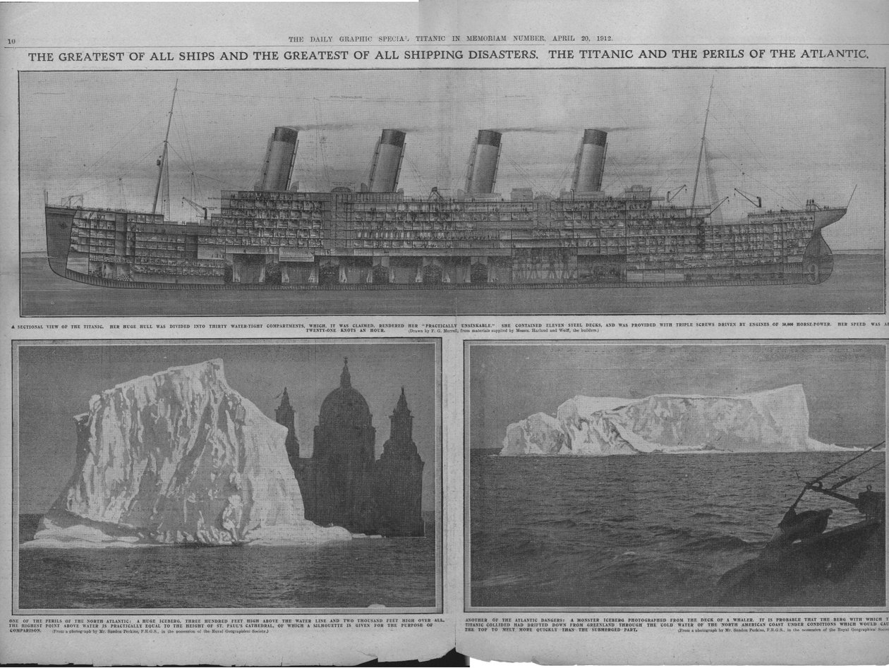 Snitdiagram af Titanic og isbjerge, 20. april 1912. af Unbekannt