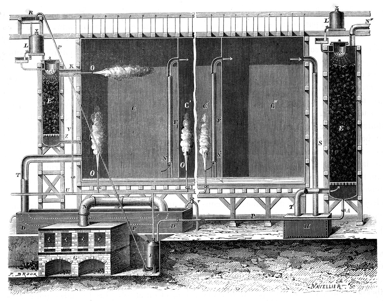 Snitbillede af Gay-Lussacs blykamre og absorptionstårne, 1870 af Unbekannt