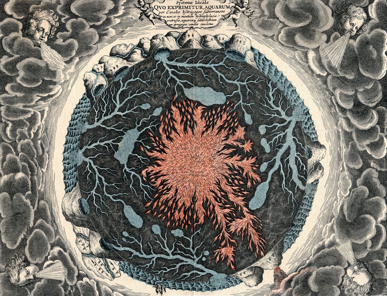 Udsnit af Jorden, der viser central ild og underjordiske kanaler forbundet med oceaner, 1665 af Unbekannt