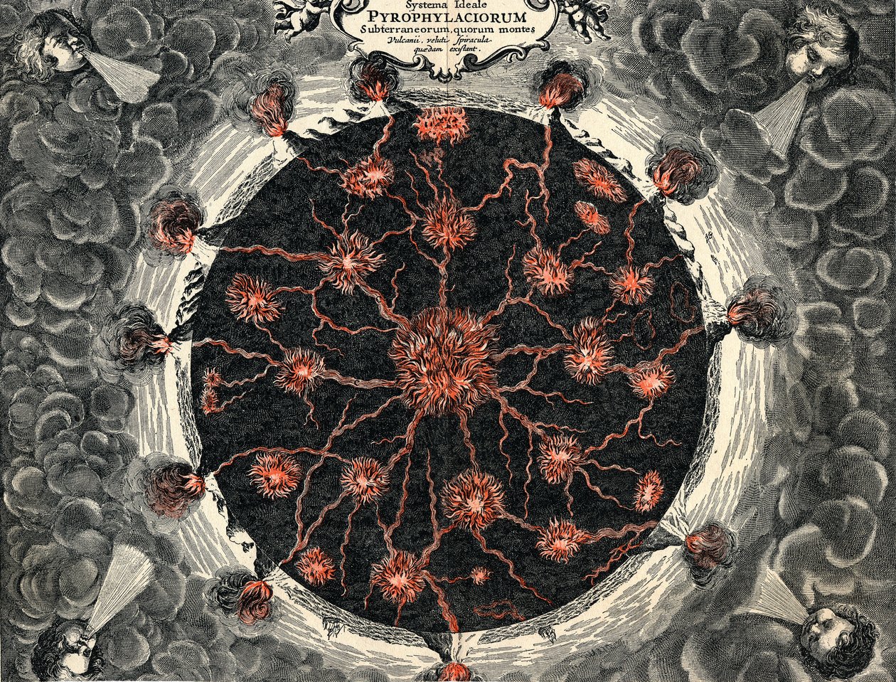 Snitbillede af Jorden, der viser central ild og vulkaner, 1665 af Unbekannt