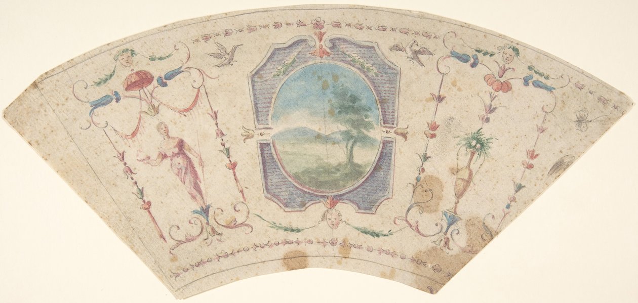 Halvcirkulært design med grotesker og en central medaillon indeholdende et landskab, 1700-tallet. af Unbekannt