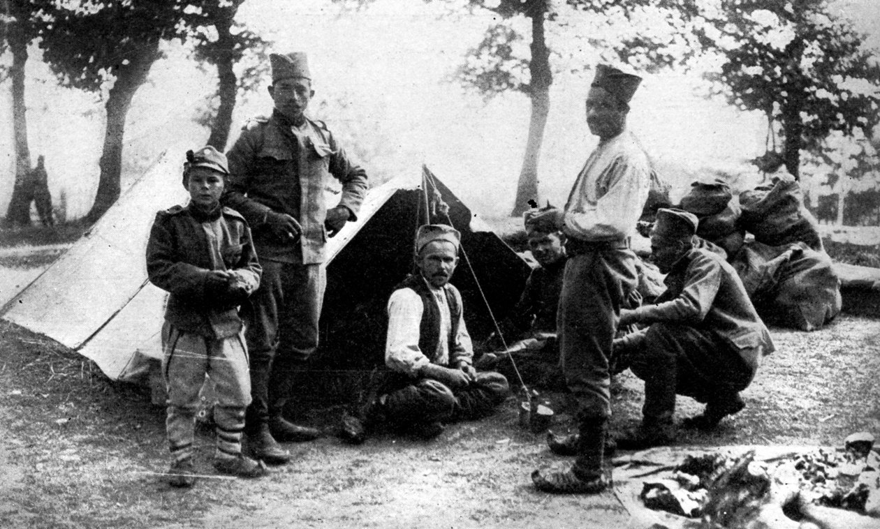 Serbiske soldater på camping, Første Verdenskrig, 1914 af Unbekannt