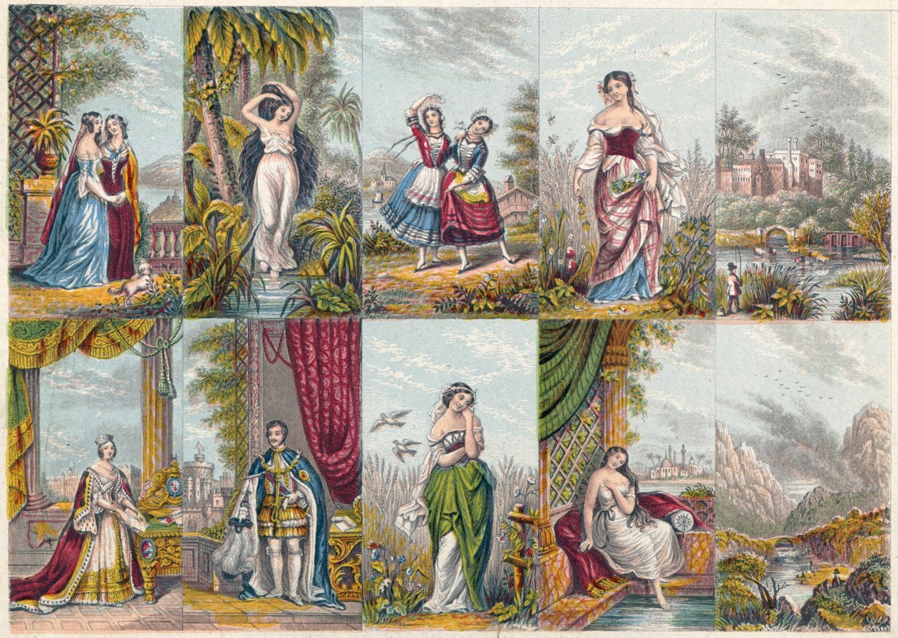 Serie af visninger og figurer, herunder et portræt af dronning Victoria og prins Albert, 1851 af Unbekannt