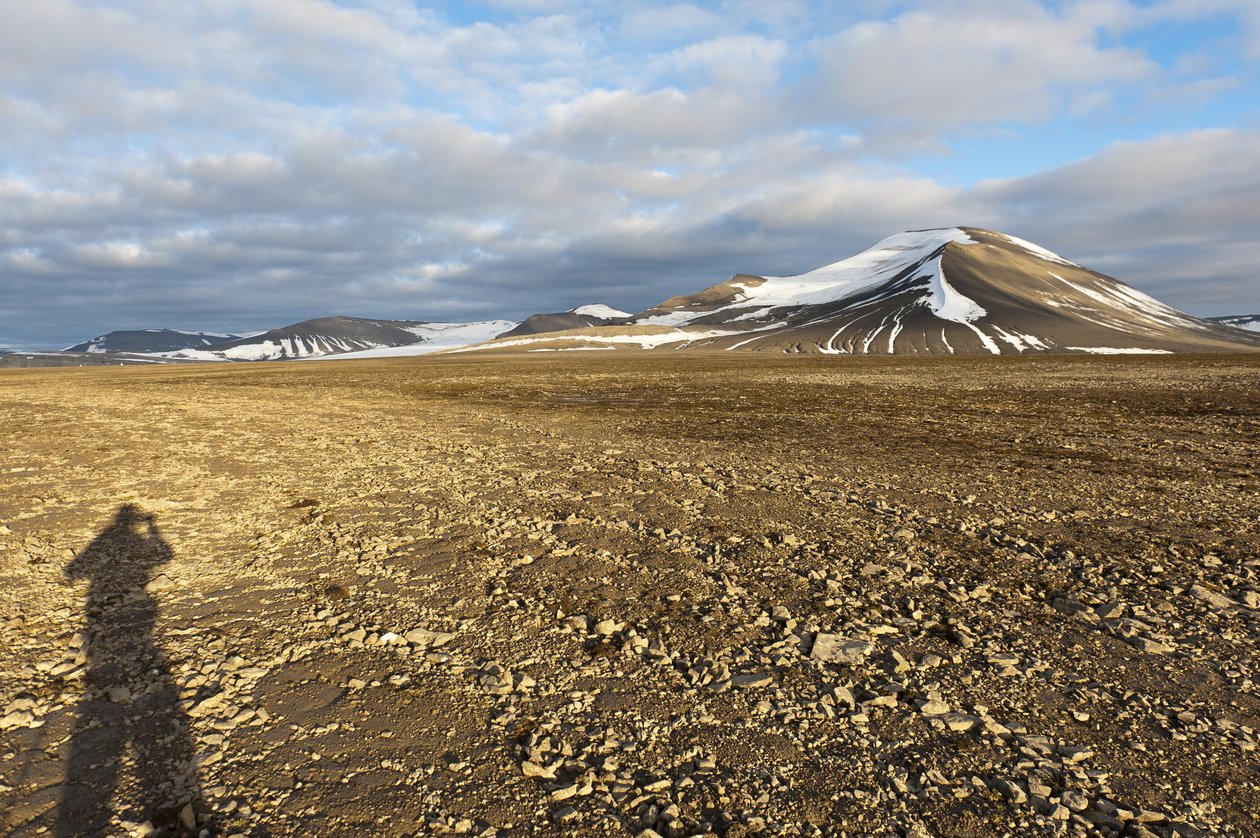 Skygge af en menneskelig, polygonal strukturel jord på Plataberget, snedækkede top Nordenskjoeldfjellet i ryggen, nær Longyearbyen, Spitsbergen, Svalbard, Norge, Europa af Unbekannt