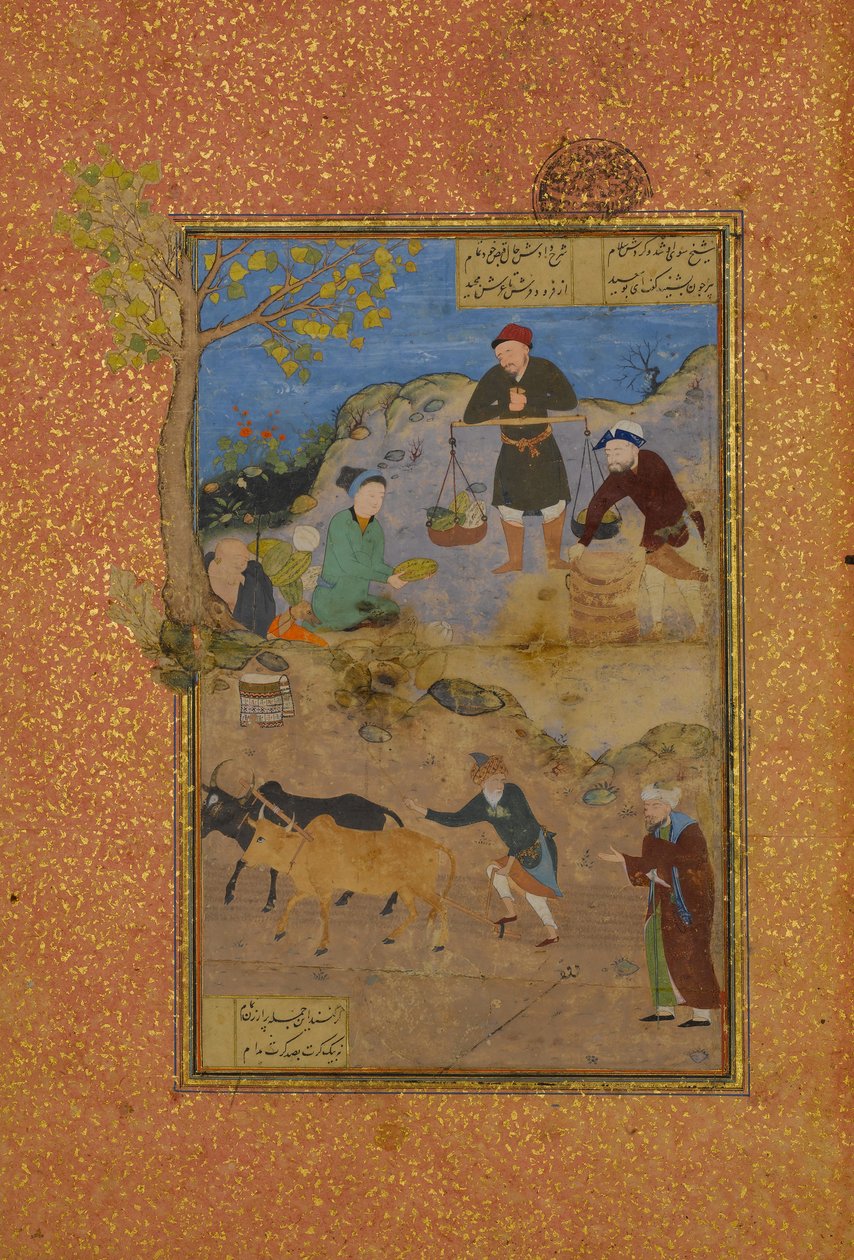 Shaikh Mahneh and the Villager, Folio 49r fra a Mantiq al-tair Language of the Birds, 1487. af Unbekannt