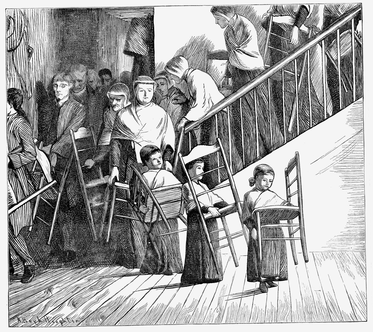 Shaker-samfundet går til middag, hver med deres egen Shaker-stol, New York State, 1870 af Unbekannt