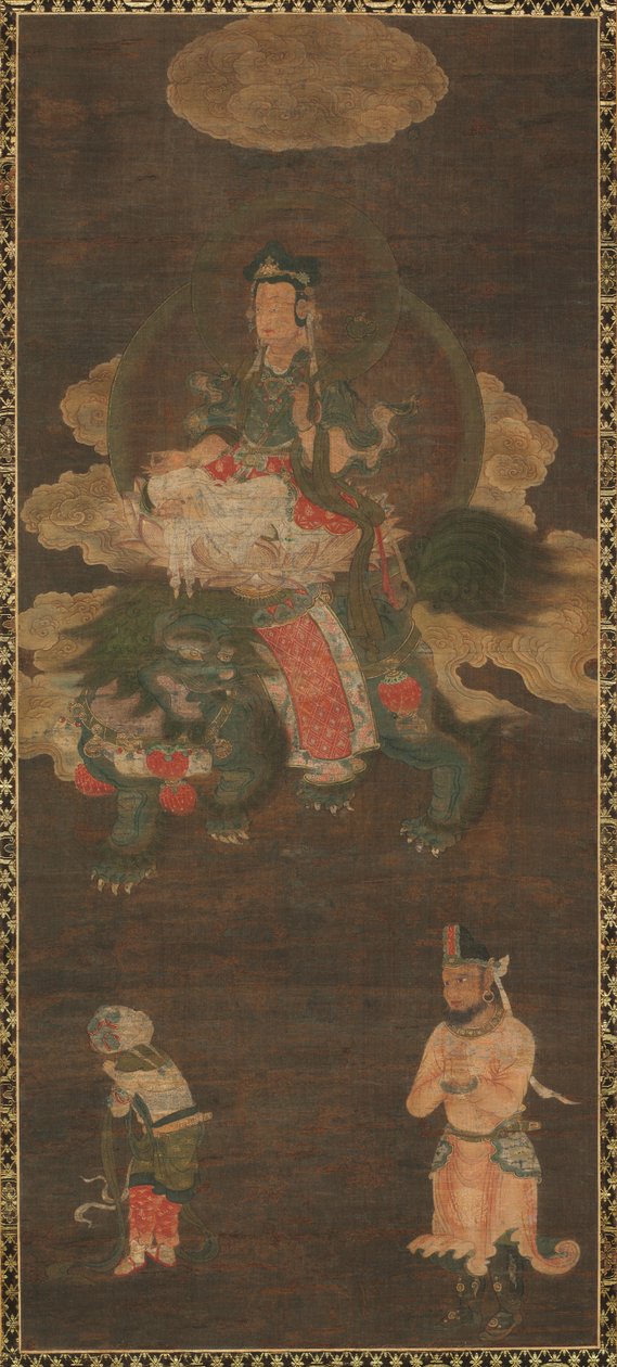 Shakyamuni Triad: Buddha deltog af Manjushri og Samantabhadra Bodhisattva med løve, slutningen af 1300-tallet af Unbekannt