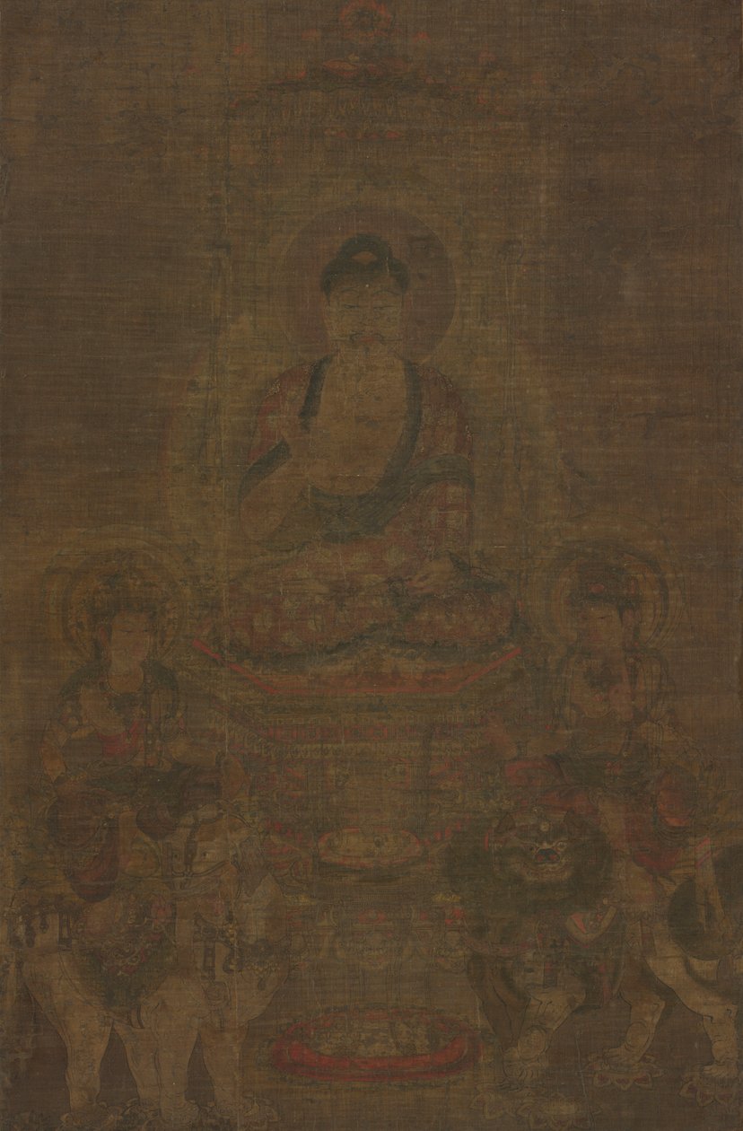 Shakyamuni Triad: Buddha overværet af Manjushri og Samantabhadra, ca. 900. af Unbekannt