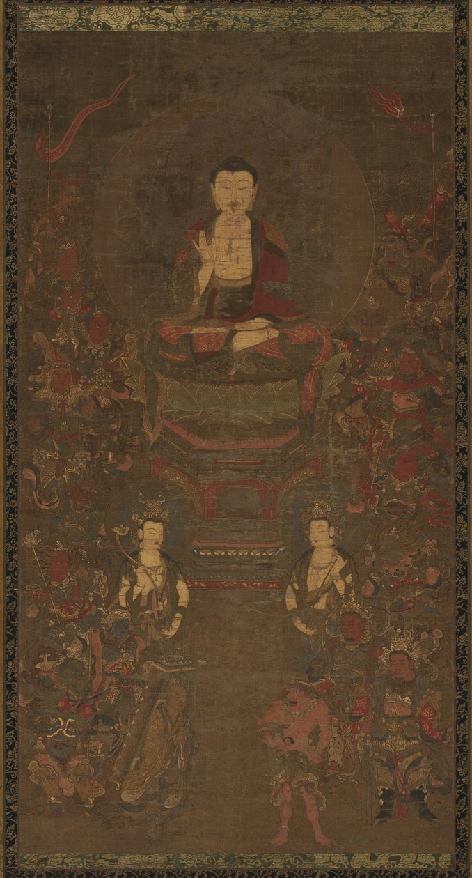 Shakyamuni-triaden med de seksten beskyttere af den store visdomssutra, 1300-tallet. af Unbekannt