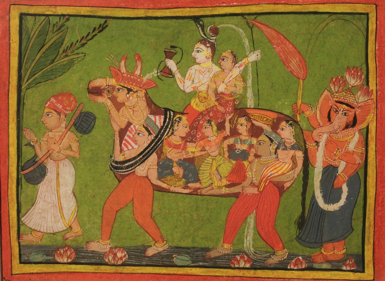 Shiva og Parvati på en sammensat ko lavet af samlede kvinder af Unbekannt