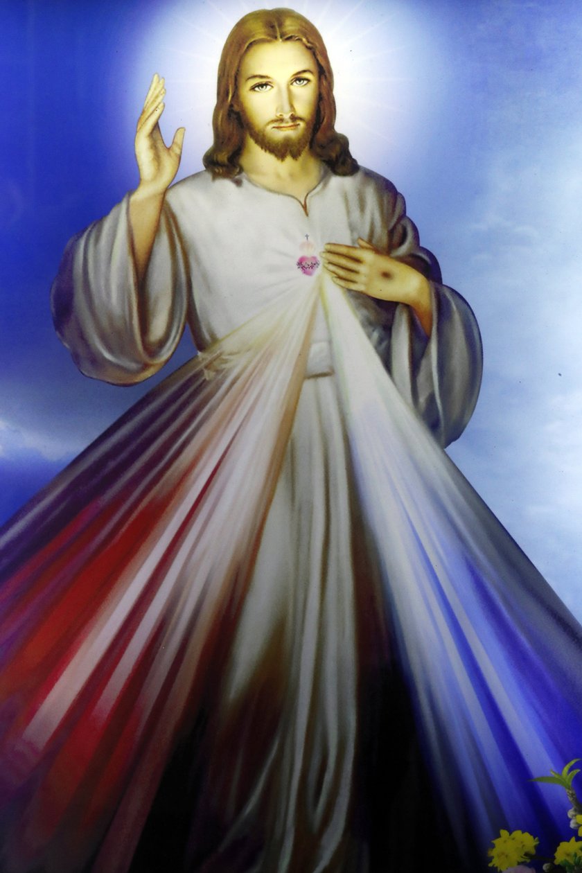 Butik, der sælger religiøse kristne genstande. Barmhjertige Jesus, jeg stoler på dig. Ho Chi Minh City. Vietnam af Unbekannt