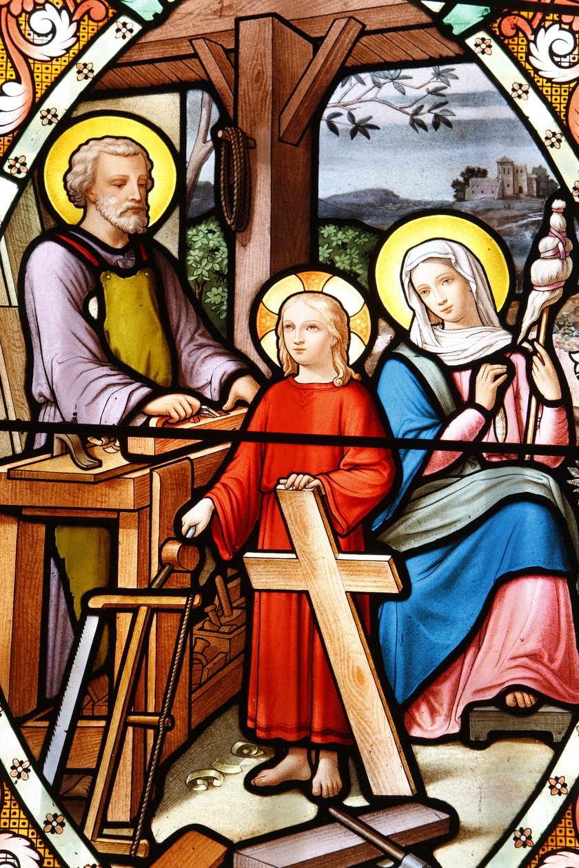Helligdom for Vor Frue af la Salette Glasmosaikvindue Jesus i sin fars værksted, La Salette, Frankrig af Unbekannt