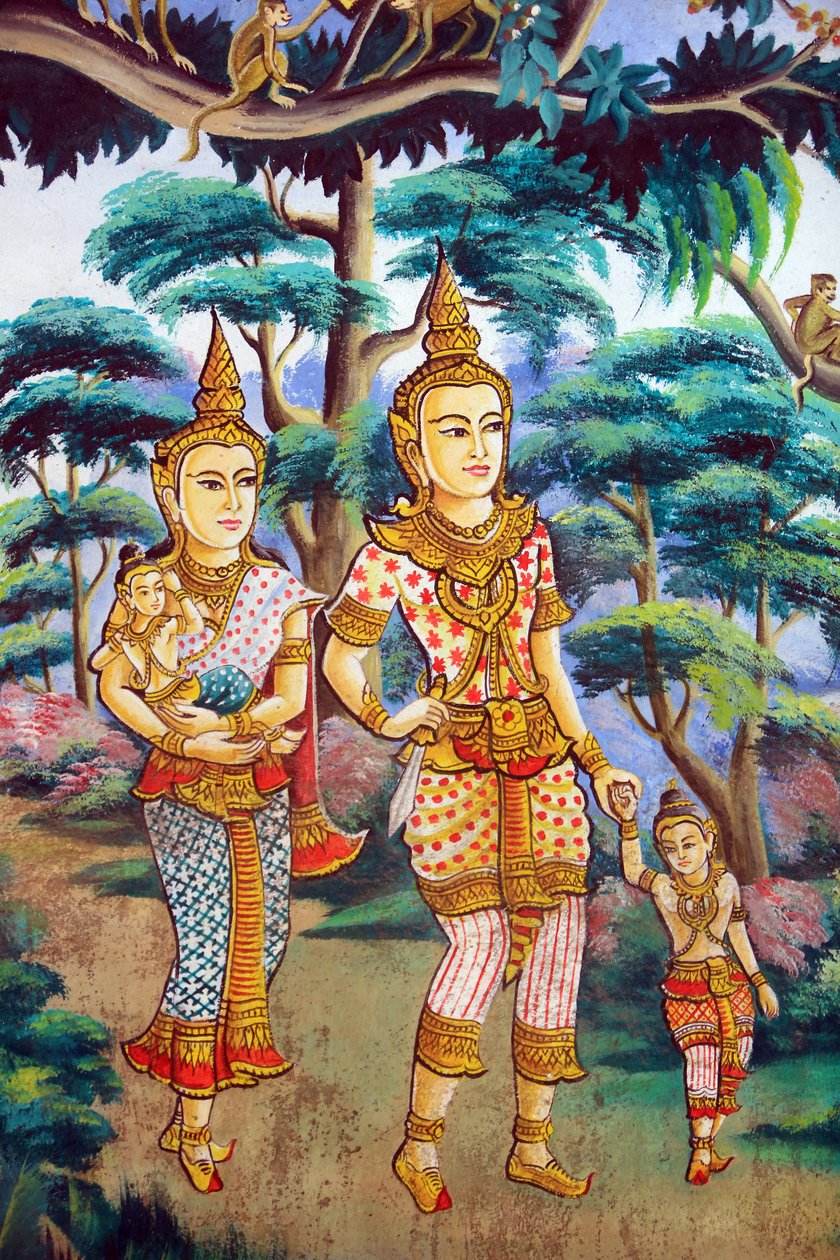 Siddhartha Gautama, hans kone Yashodhara og hans søn Rahula. Maleri, der skildrer Shakyamuni Buddhas livshistorie. Hvad Naxai. Vientiane. Laos, 20151106, Vientiane, Laos af Unbekannt