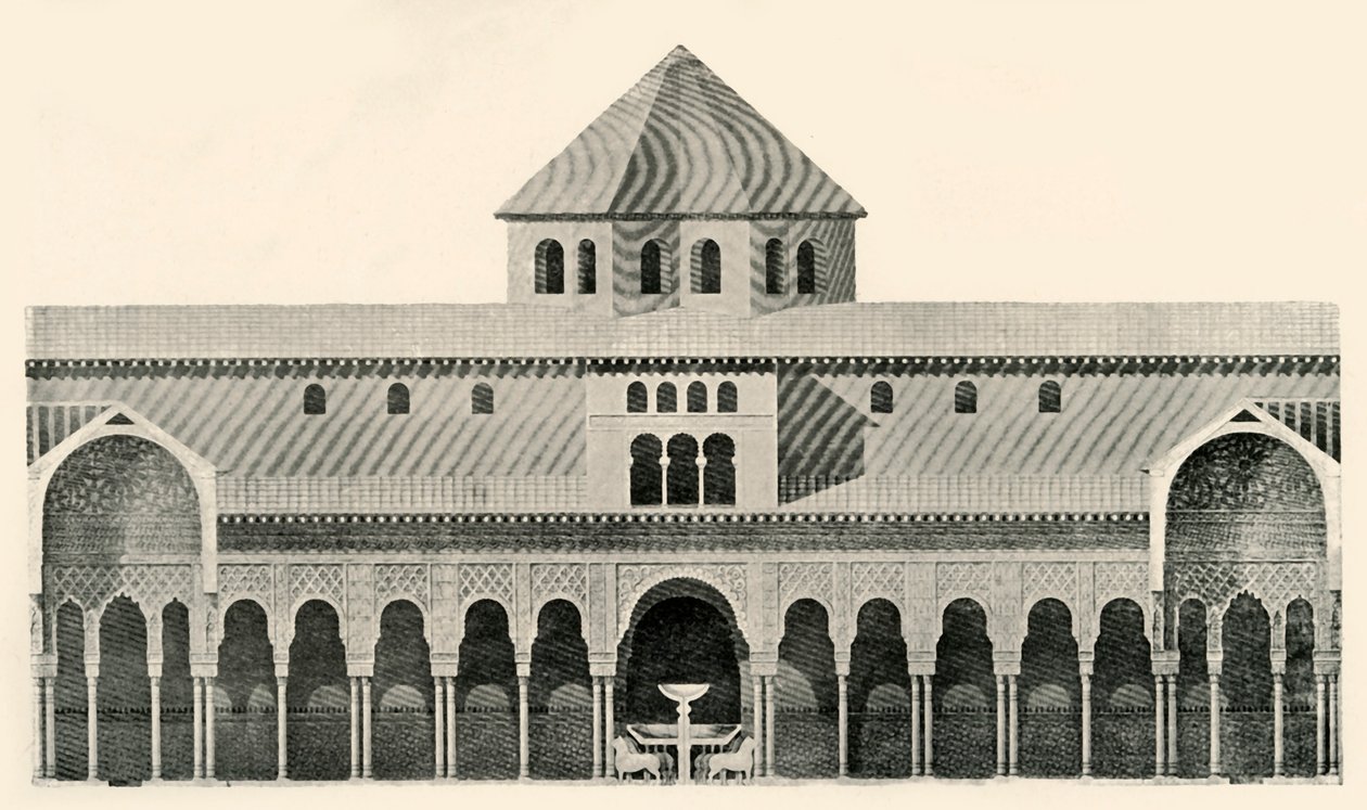 Side Elevation of the Court of the Lions and Fountain, 1800-tallet, 1907. af Unbekannt