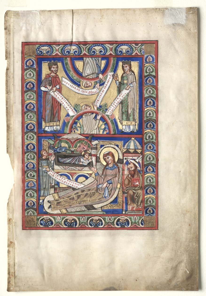 Enkelt blad udskåret fra en evangelisk bog: Fødselen recto og St. Matthæus verso, ca. 1190. af Unbekannt