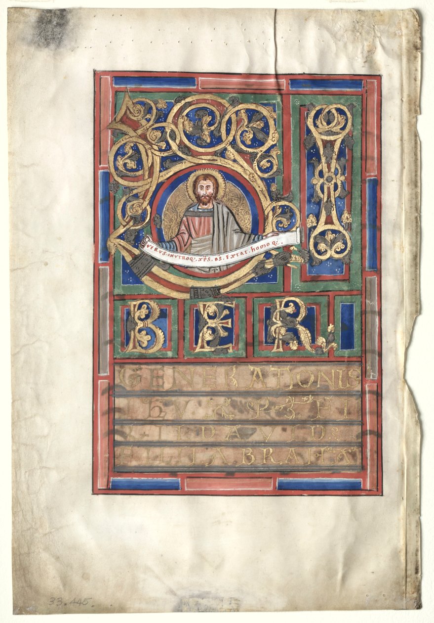 Enkelt blad udskåret fra en evangelisk bog med indledende L[iber generationis]: St. Matthæus verso, c1190 af Unbekannt