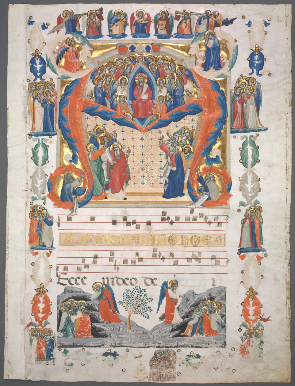 Enkelt Blad udskåret fra et Antifonarium: Initial Aspiciens a longe] med Kristus i Majestæt. af Unbekannt
