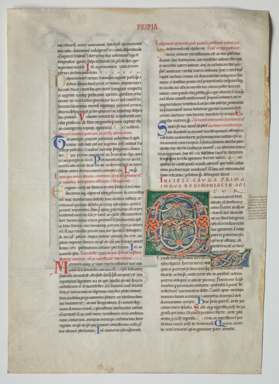 Enkelt blad fra et dekret af Gratian: Dekorerede initialer af en mand, der har en søn..., ca. 1160 af Unbekannt