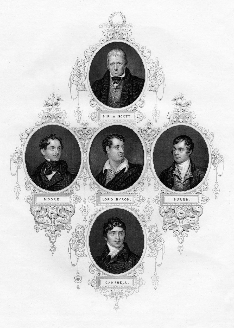 Sir Walter Scott, Thomas Moore, Lord Byron, Robert Burns, Thomas Campbell, 1877 af Unbekannt