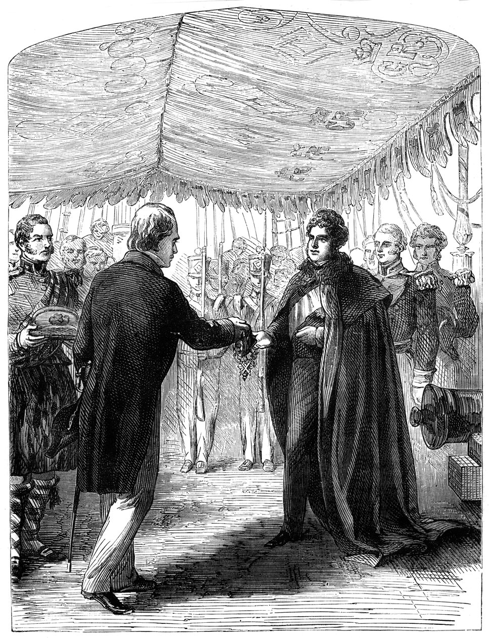 Sir Walter Scott præsenterer St Andrews kors til kong George IV, 1822 af Unbekannt
