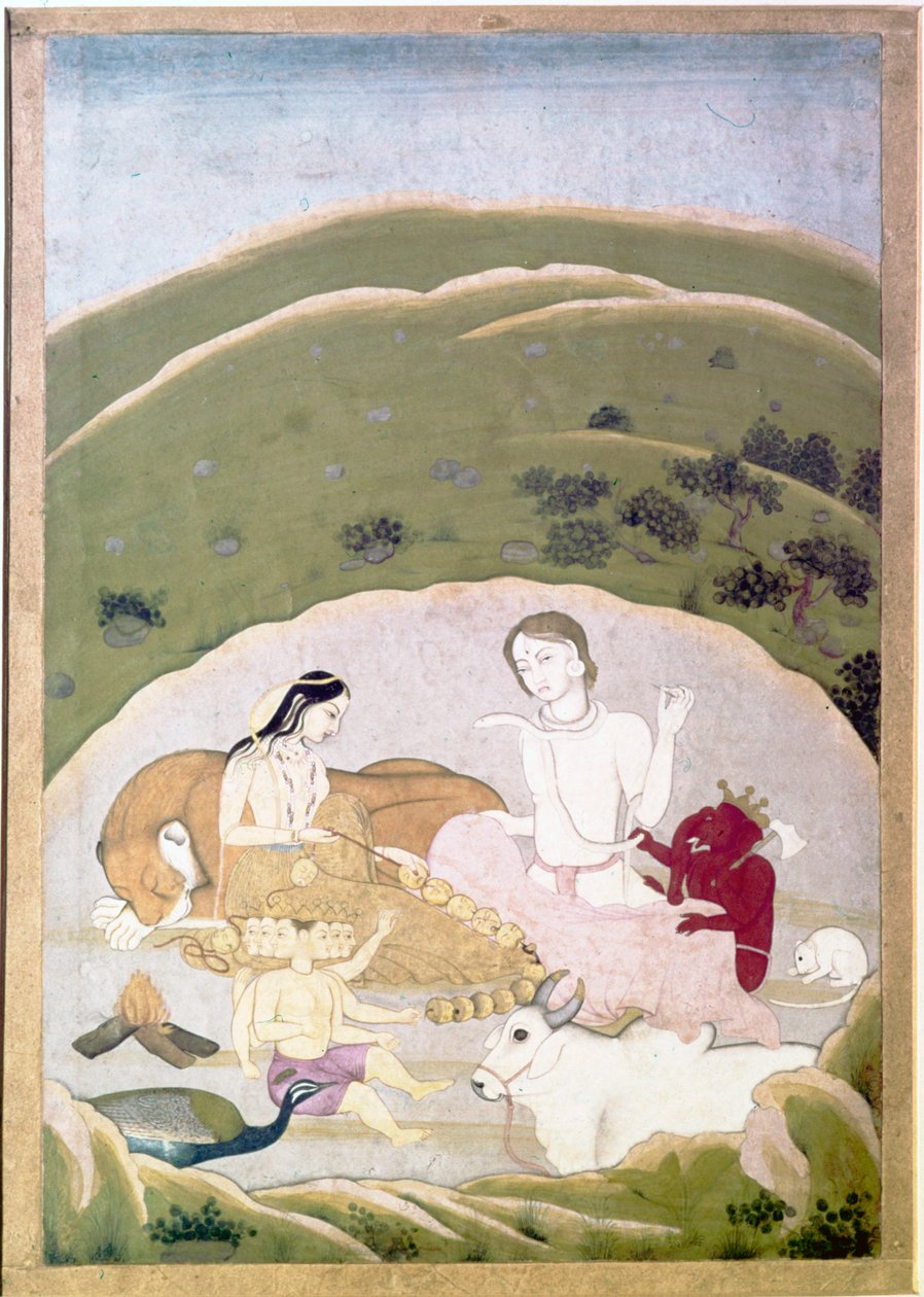Siva og Parvati med deres børn, Ganesh og Karttikgya på Mount Kailash, c1745 af Unbekannt