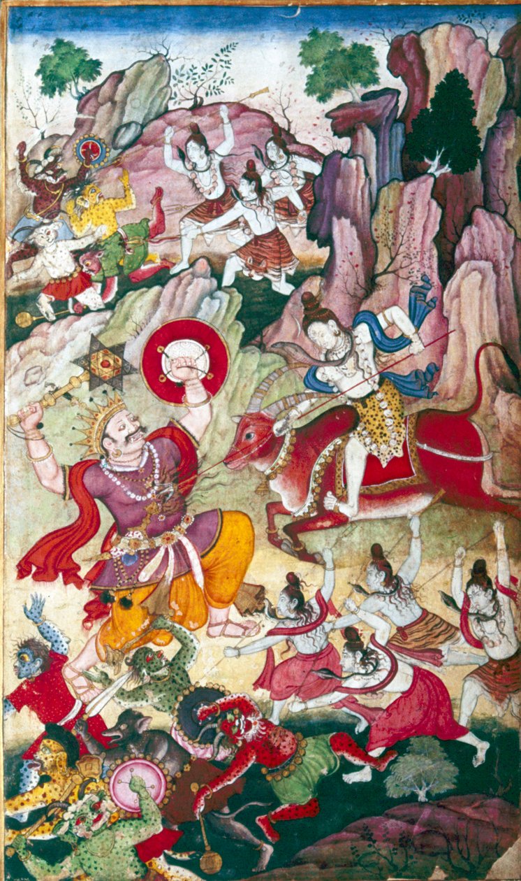 Shiv ødelægger Dæmonen Andhaka, Harivamsa Manuscript, Mughal, C1590. af Unbekannt