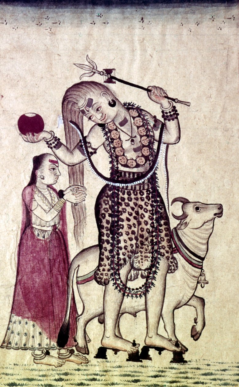 Siva, efterfulgt af sin gemal Parvati, gående med Tyren, Nandi, c1730. af Unbekannt