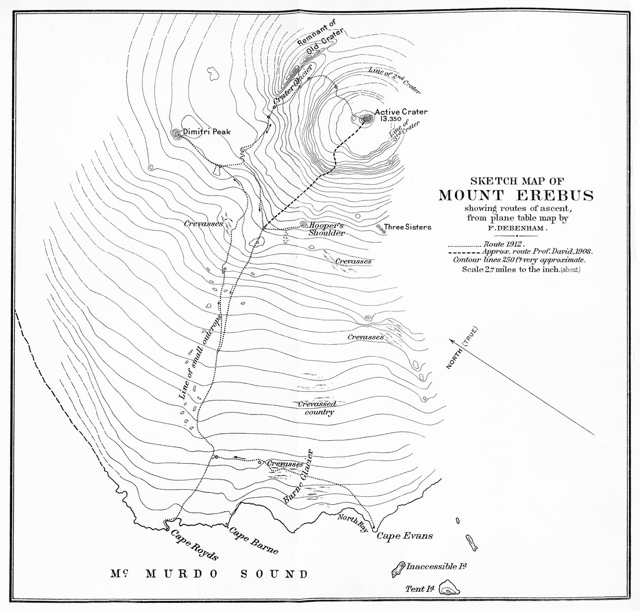 Skitsekort over Mount Erebus, der viser opstigningsruter, c1912, 1913 af Unbekannt