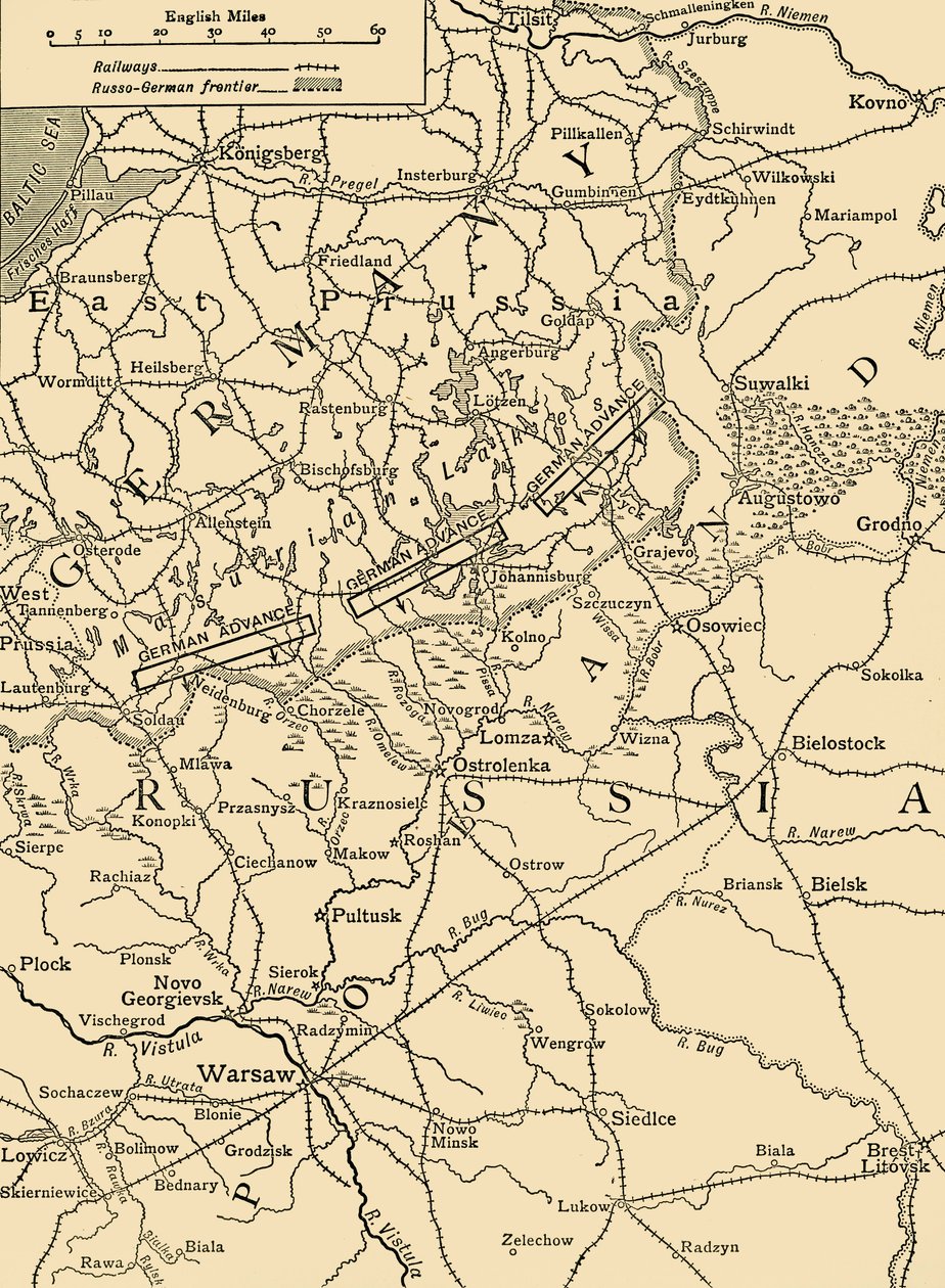 Skitsekort til illustration af det tyske angreb nord for Warszawa i februar 1915, c1920. af Unbekannt