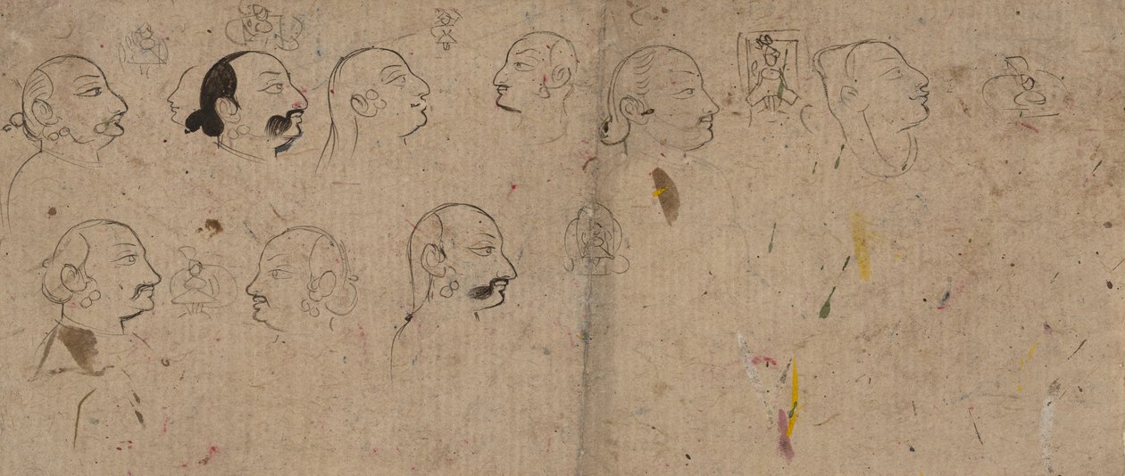 Skitseside med ansigtsstudier, sandsynligvis Maharao Kishor Singh, ca. 1830. af Unbekannt