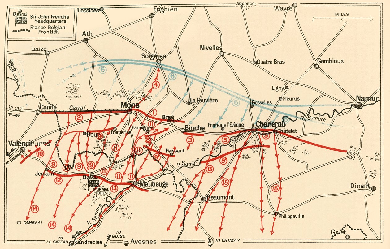 Skitse af de øverste operationer nær Mons og Charleroi, c1914, c1920. af Unbekannt