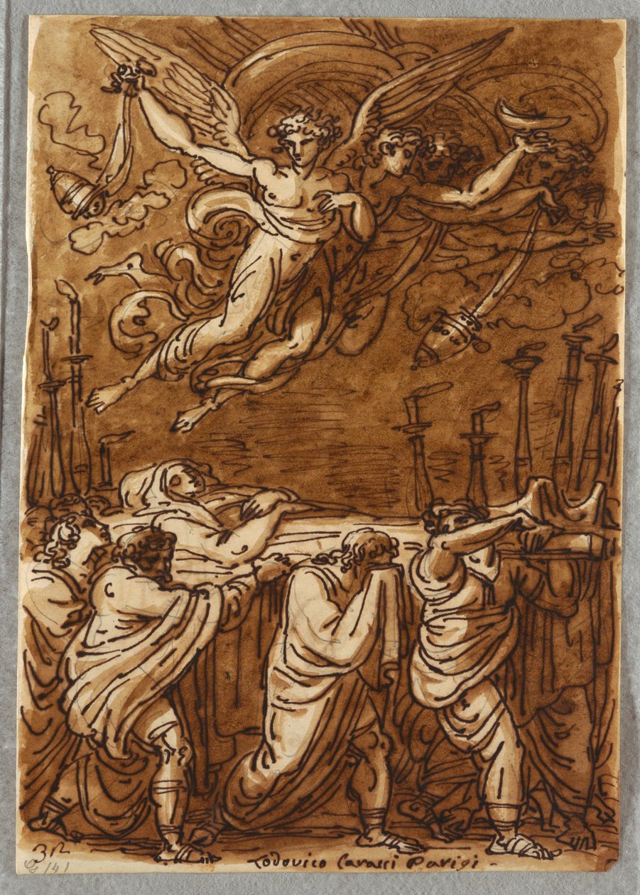 Skitsebog Folio, apostlene, der bærer jomfruens krop til graven, undersøgelse efter Lodovico Carracci af Unbekannt