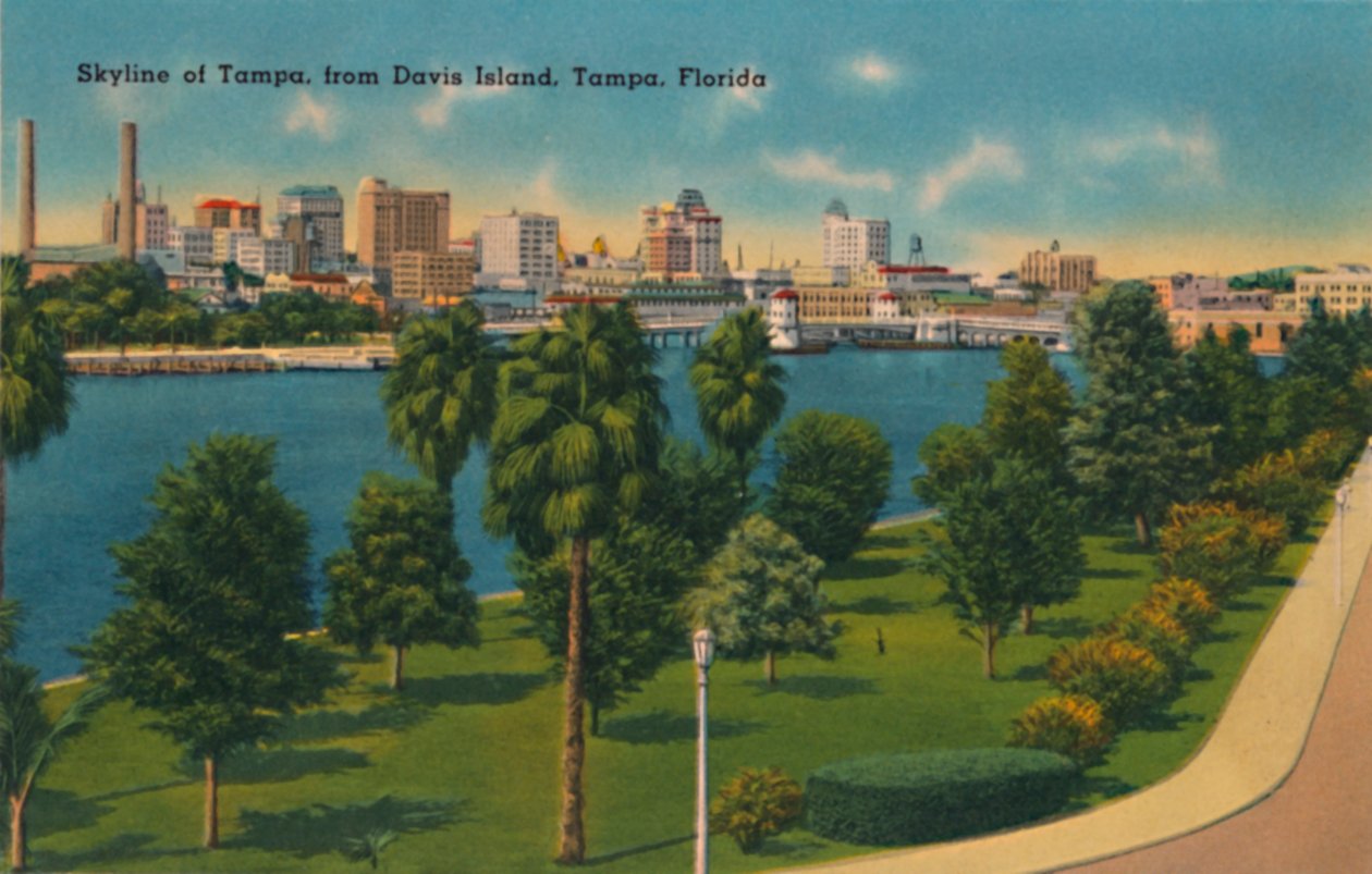 Skyline of Tampa, fra Davis Island, Tampa, Florida, c1940