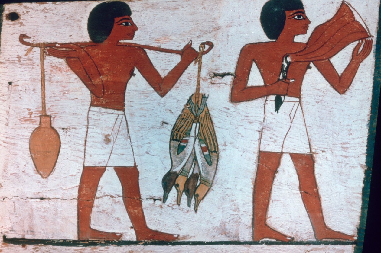 Slaver, der bærer ofre til Osiris, Sarkofag fra Lady of Madja, 18. dynasti af Unbekannt