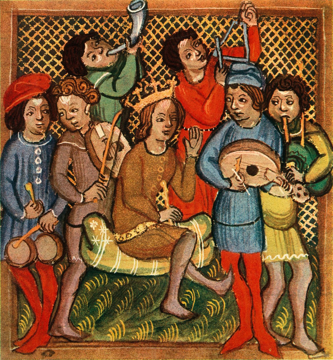 Små trommer, violin, horn, trekantlut og sækkepibe, Olomouc Bible, 1417, 1948 af Unbekannt