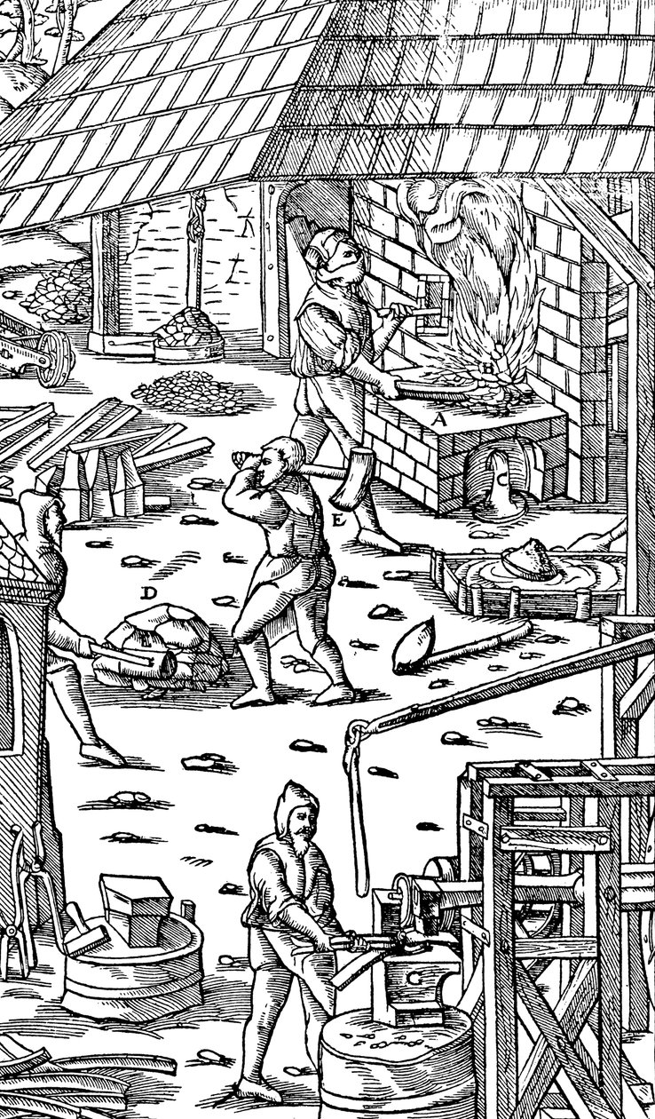 Smeltejern og hamrende stænger med en mekanisk hammer, 1556 af Unbekannt