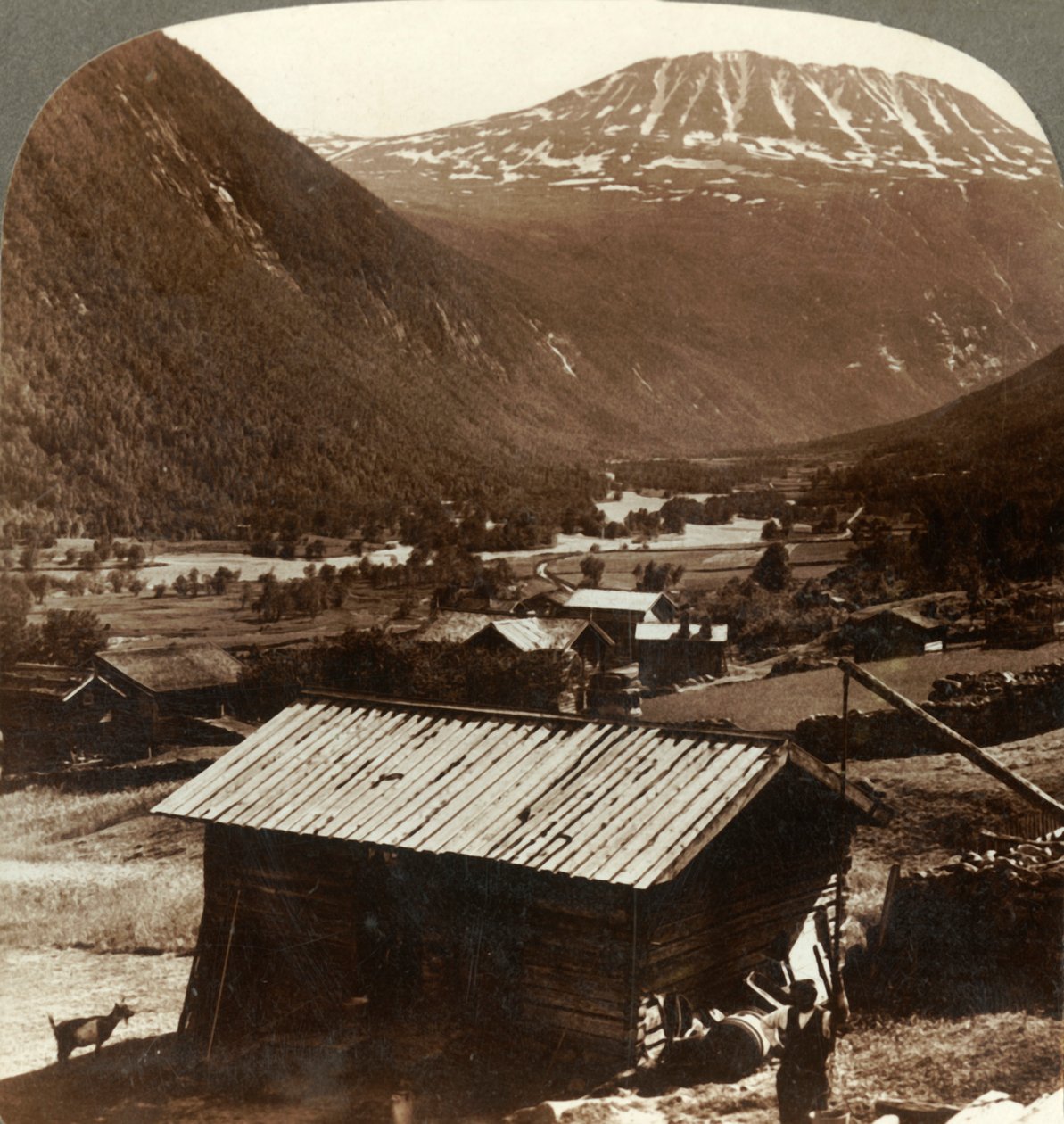 Snehøjder af bjerget Gausta 6180 ft. over rolige hjem i Maan-dalen, Norge, c1905. af Unbekannt