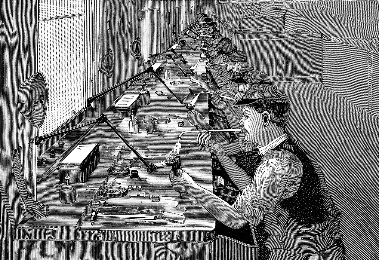 Lodning af cykeldele på en amerikansk fabrik, ca. 1900 af Unbekannt