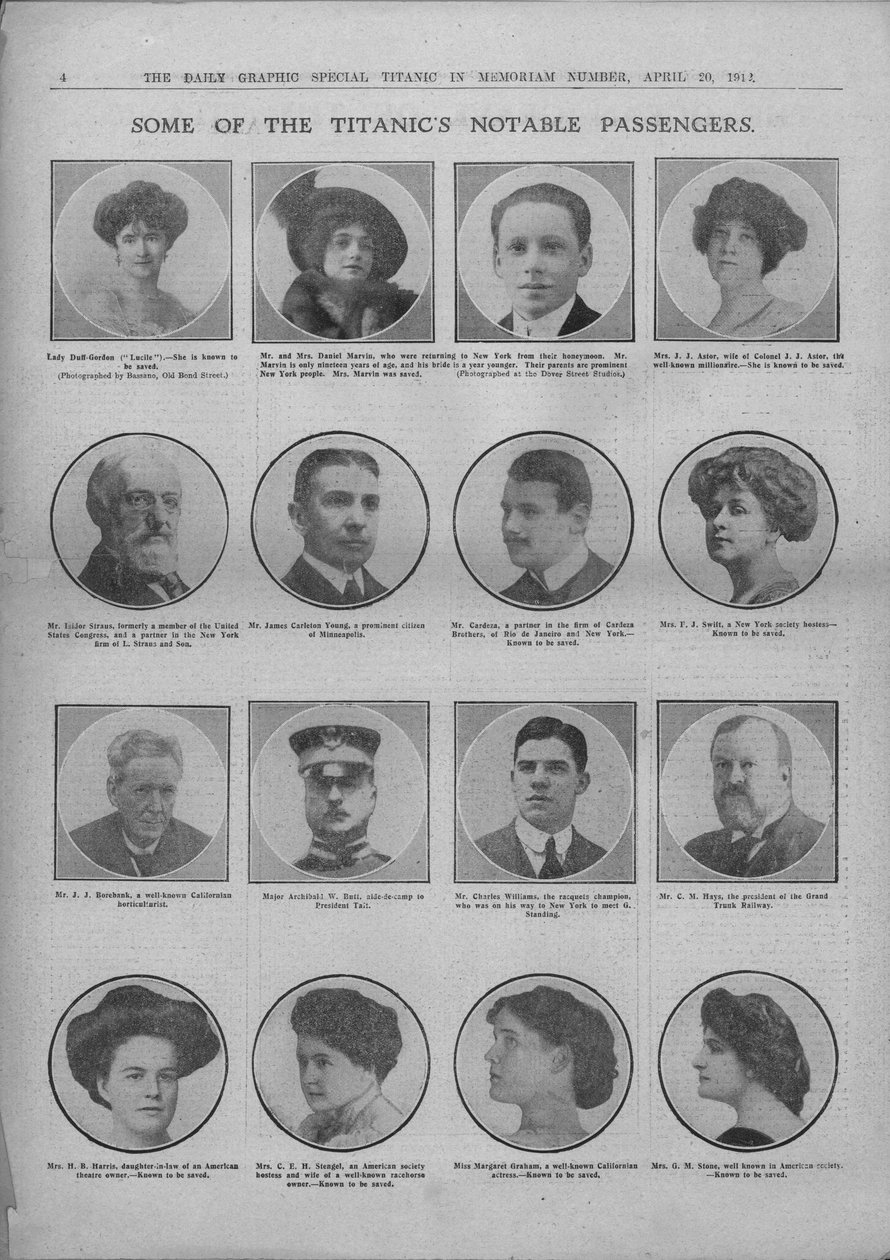 Nogle af Titanic bemærkelsesværdige passagerer, 20. april 1912. af Unbekannt