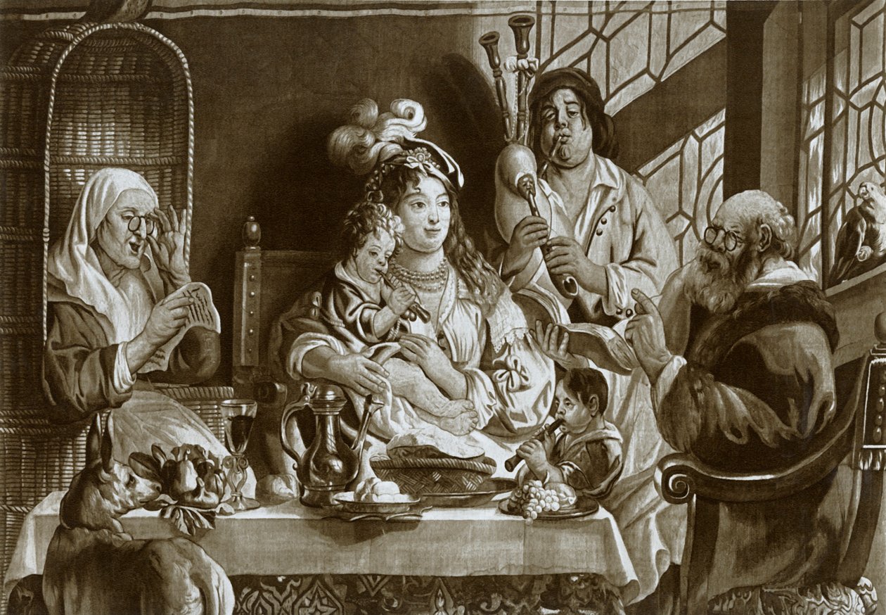 Sopranblokfløjter og sækkepiber, Bruxelles gobelin designet af Jacobus Jordaens, 1948 af Unbekannt