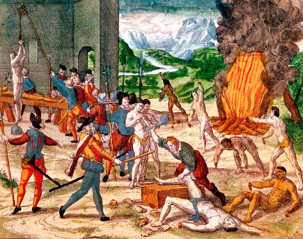 Spanske conquistadorer torturerer amerikanske indianere, 1539-1542 af Unbekannt