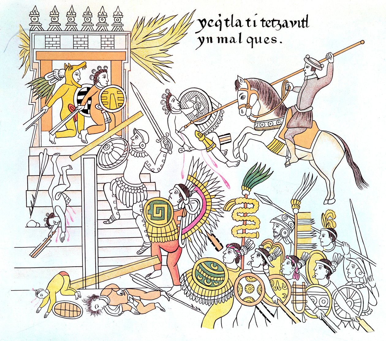 Spanish conquistadors with their native Tlazcalan allies attacking an Aztec temple, 16th century af Unbekannt
