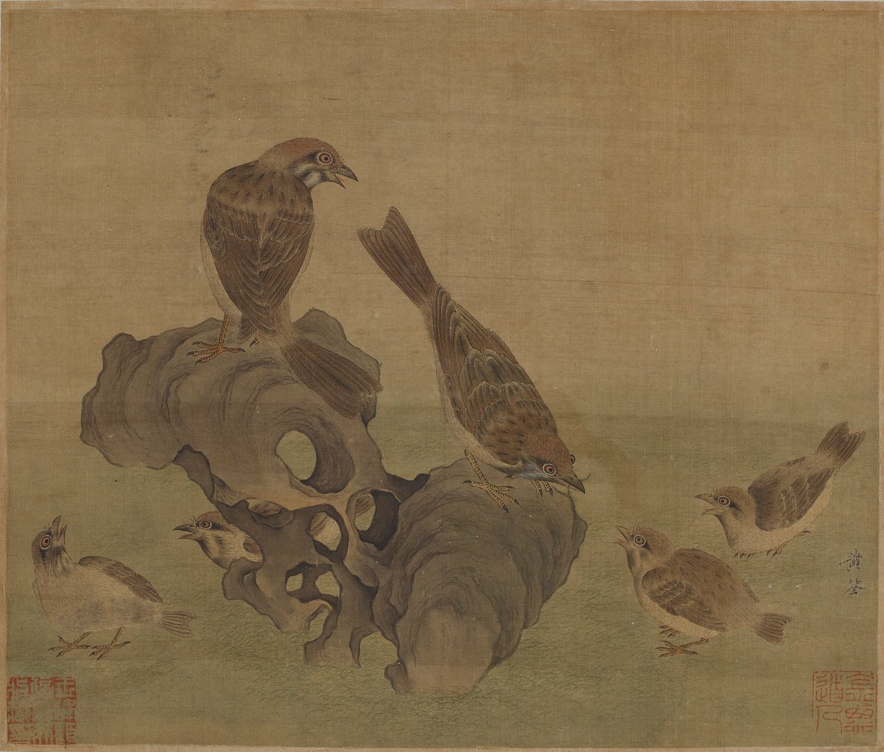 Spurve fodrer deres unger, Ming- eller Qing-dynastiet, 1600-tallet. af Unbekannt