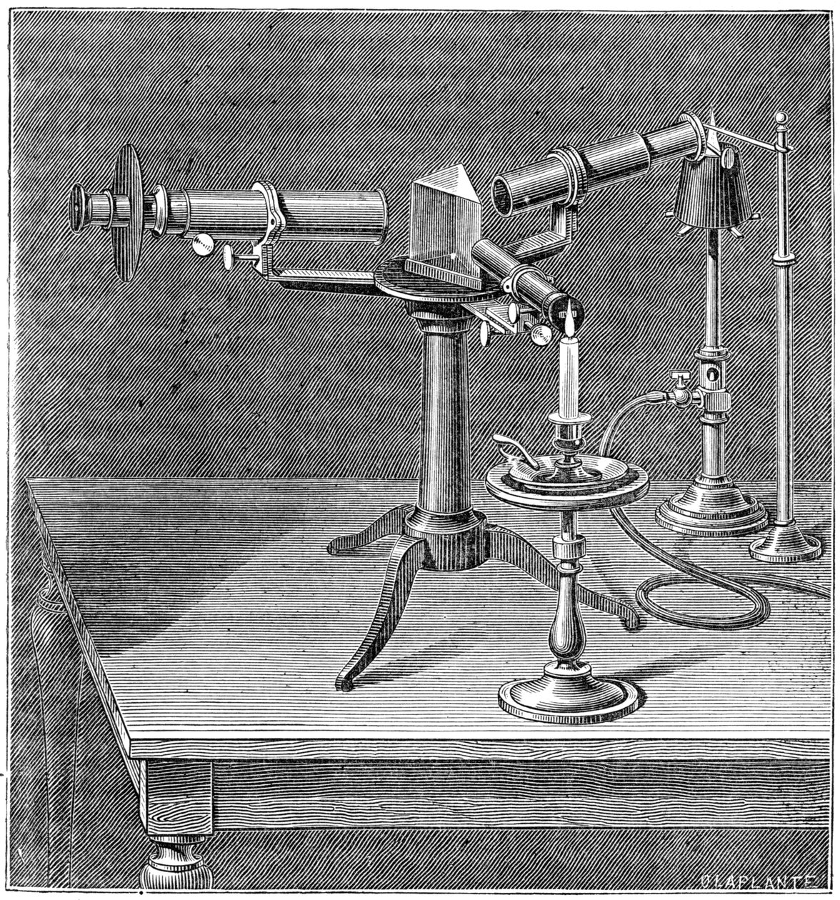 Spektroskopisk apparat brugt af Robert Wilhelm Bunsen og Gustav Robert Kirchhoff, c1895 af Unbekannt